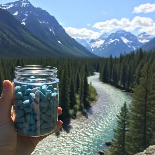 Breathtaking Nature Scene: Blue-Green Supplement Pills & Majestic Mountain View