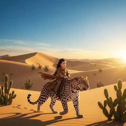 Girl Riding Leopard in Golden Desert - Majestic Journey