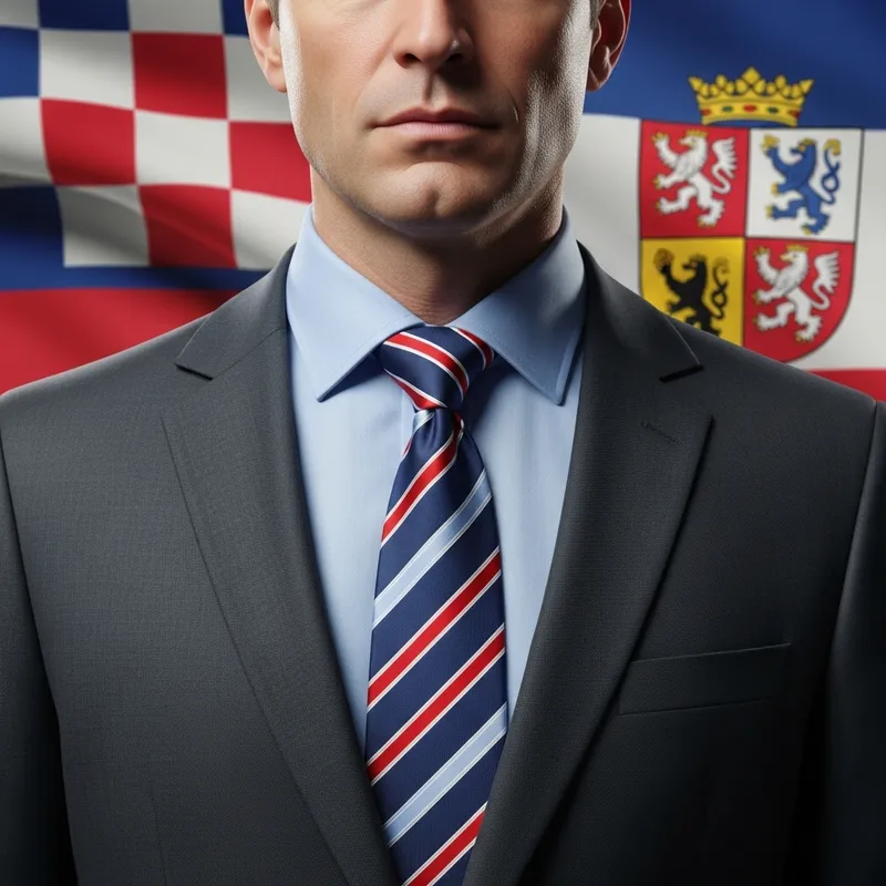 Dignified Professional Man in Charcoal Grey Suit with Striped Tie and National Flag