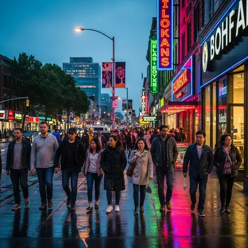 Bustling Street at Dusk: Neon Lights & Diverse Crowds