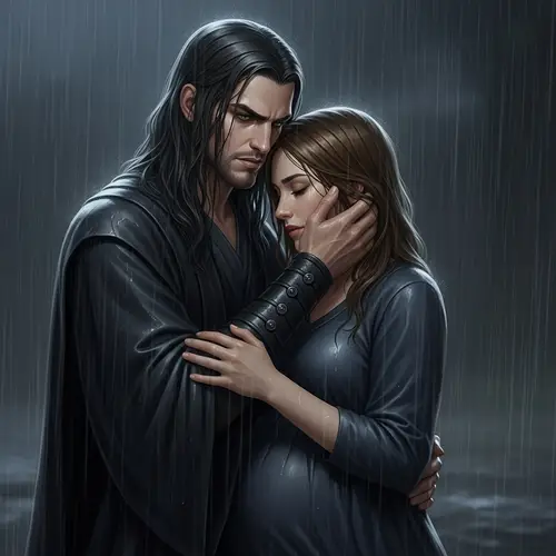 Severus Snape holding Pregnant Brown-Haired Woman in Rain