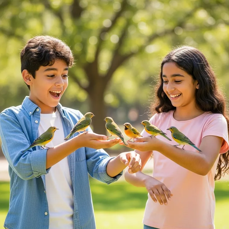 Enchanting Scene: Kids Playing with Colorful Birds