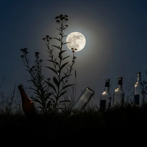 Scenic Night View with Moon and Silhouetted Weeds