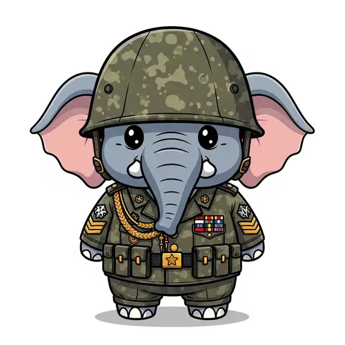 Cartoon Elephant in Military Uniform with Detailed Accoutrements