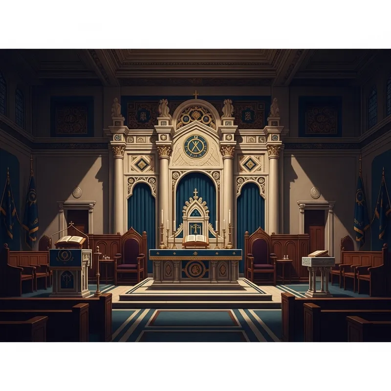 Majestic Masonic Lodge Interior with Symbolic Altar and Dramatic Lighting