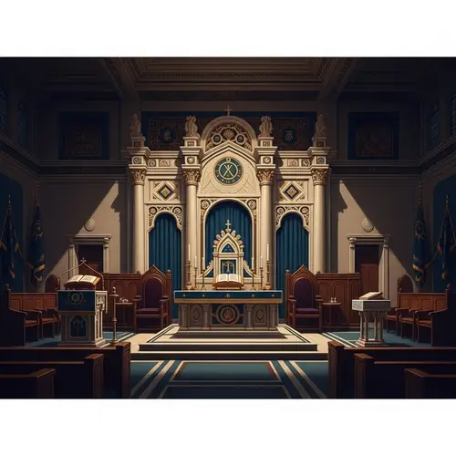 Intricately Designed Masonic Lodge Interior with Symbolic Altar