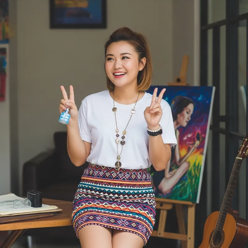 Adorable Asian Girl: Joyful Style in Vibrant Ultra Mini Skirt