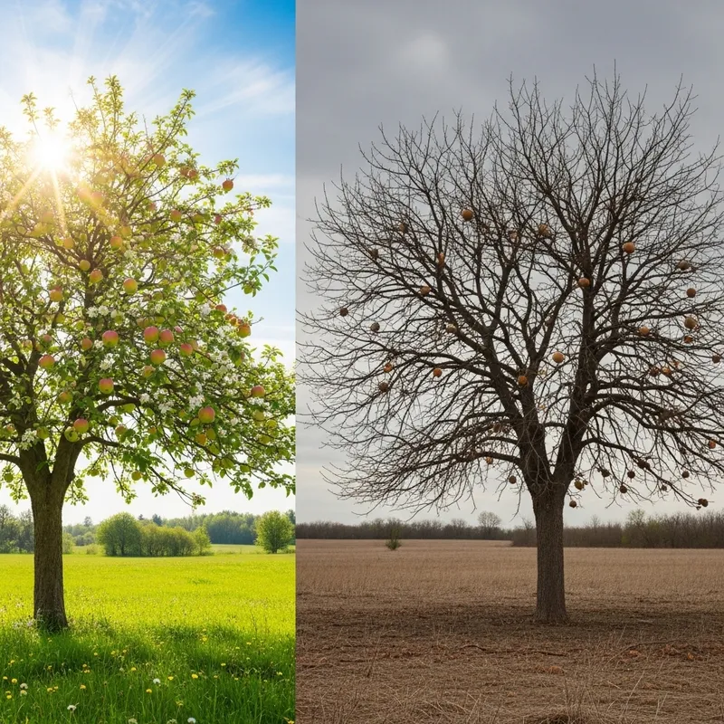 Perception of Health: Vibrant Apple Tree vs. Wilting Tree Perception of Health: Vibrant Apple Tree vs. Wilting Tree