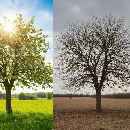 Contrast of Health and Illness: Vibrant Apple Tree vs. Wilting Tree