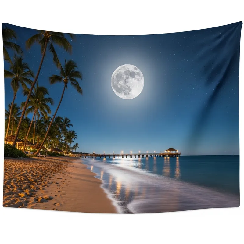 Tranquil Night-time Beachscape with Full Moon