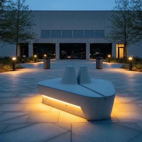 Exterior Concrete Bench in Two Semicircles | Gray, Warm Lighting