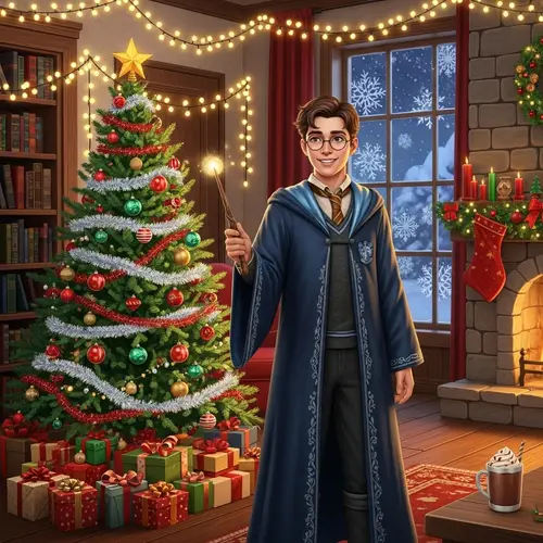 Festive Holiday Scene with Young Male Wizard and Christmas Decorations