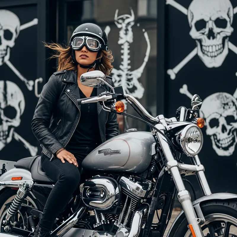 Mixed Heritage Woman on Harley Davidson Motorcycle | Edgy Skull Motifs