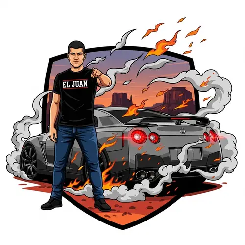 El Juan Logo with GTR Car and Man in Black Shirt & Levi's Trousers
