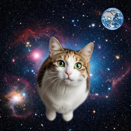Calico Cat Floating in Space: Curious Feline Amidst Stars