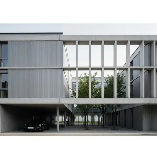 Minimalist School with Gray Cladding and Concrete Facade