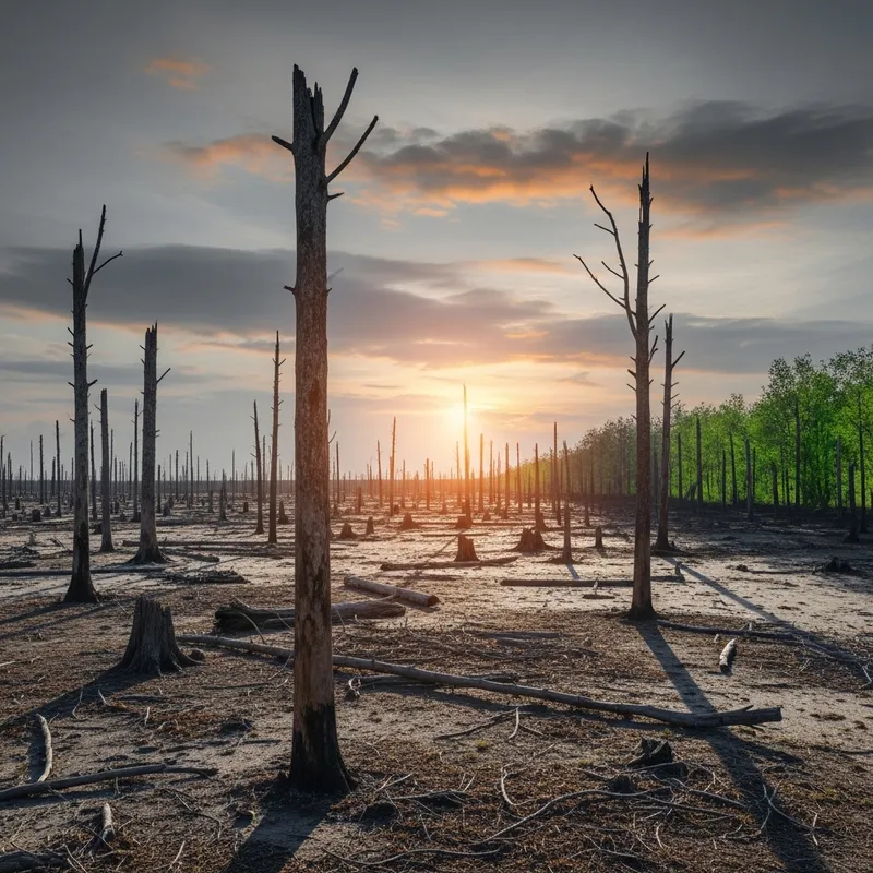 Deforestation in Abstract Art: Contrast of Barren Trunks and Lively Shadows