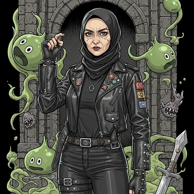 Anime-Inspired Indonesian Muslim Woman in Rocker Outfit | Dungeon Fantasy Art