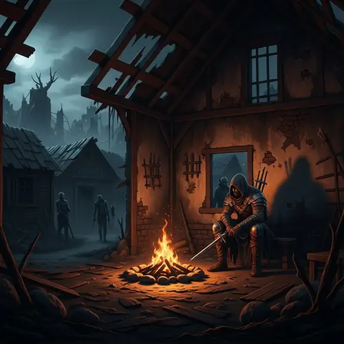 Hooded Warrior by Fire in Abandoned House | Dark Exterior Scene