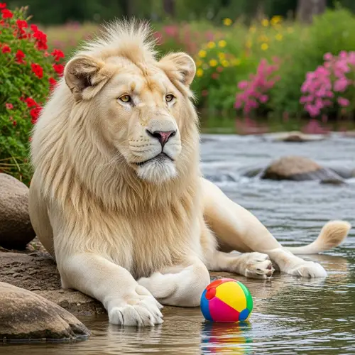 White Lion Playfully Lounging by Riverbank | Peaceful Serenity