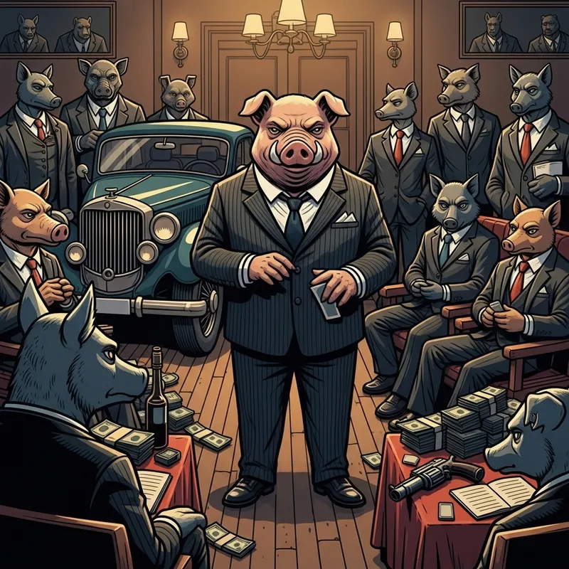 Animal Gangster Pig at Underground Meeting Scene