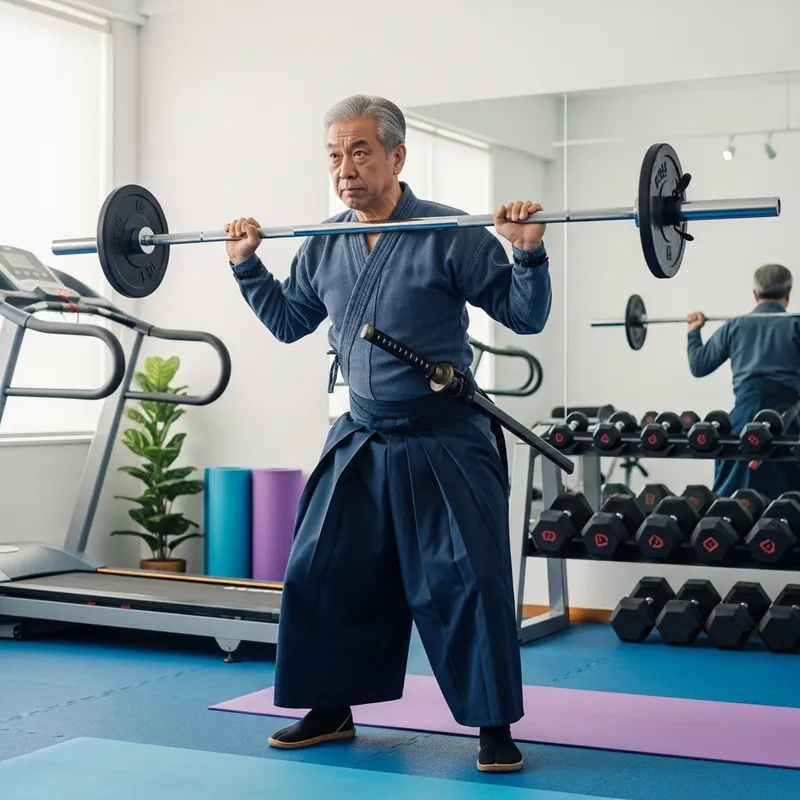 Aged Asian Samurai Strength Training with Barbell at Personal Gym