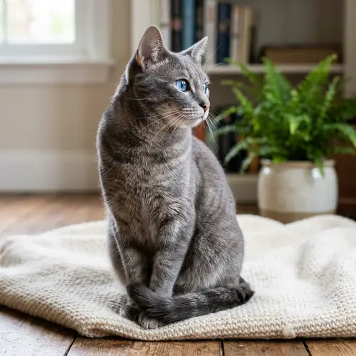 Domestic Short-Haired Cat with Glossy Coat and Sparkling Blue Eyes