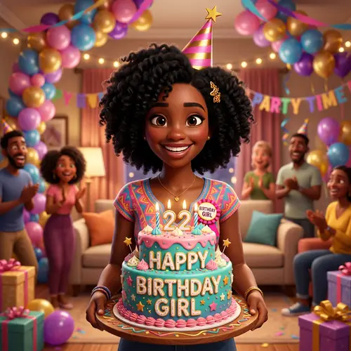Pixar Style Illustration: Happy Birthday Girl with Cake