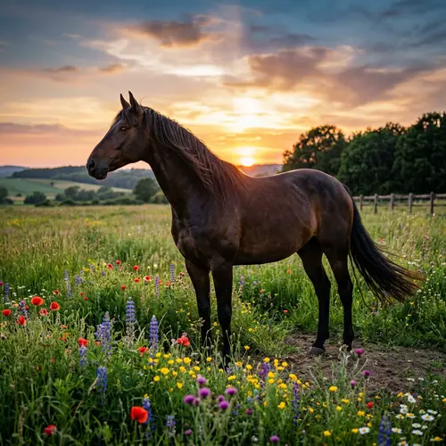 Majestic Horse in Tranquil Meadow at Sunset