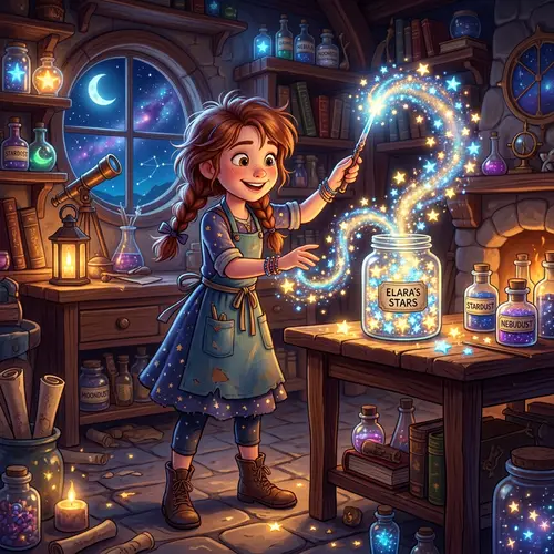 Pixar-Style Girl in Magical Laboratory Creating Stars
