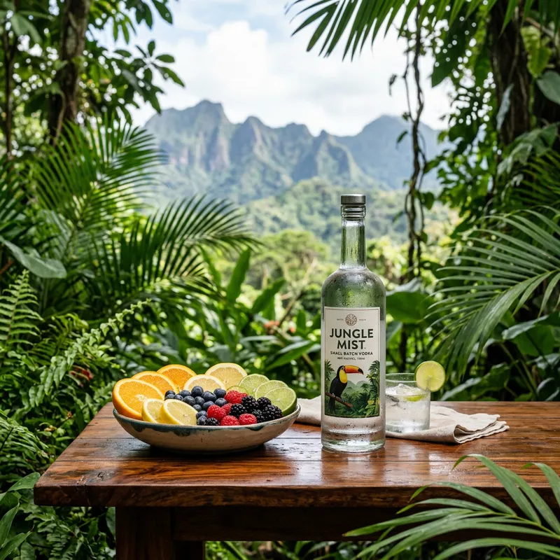 Vodka Bottle and Colorful Fruit Slices in Jungle Setting