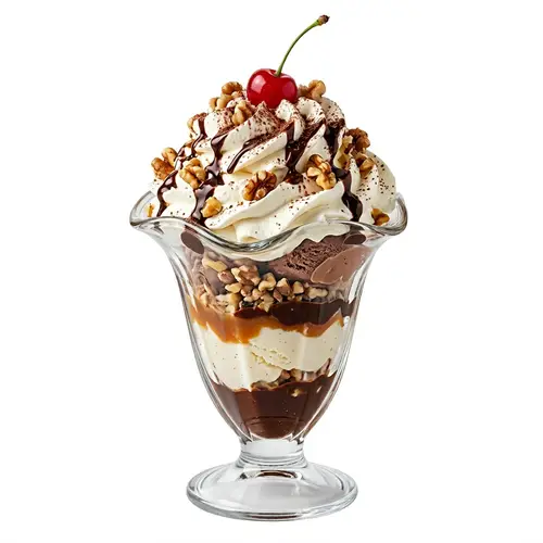 Delicious Ice Cream Sundae with Whipped Cream and Walnuts