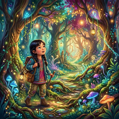 Young Girl Exploring Mystical Forest - Fantasy Adventure Art