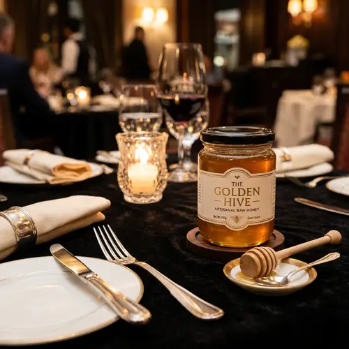 Elegant Jar of Honey on Fancy Restaurant Table