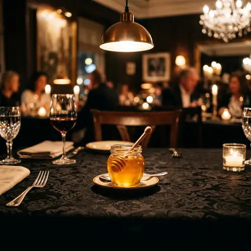 Elegant Honey Pot on Black Tablecloth - Fine Dining Setting