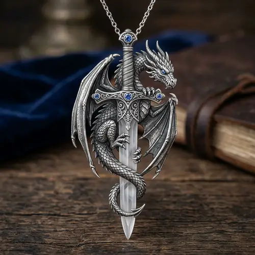 Dragon Pendant Silver Sword Medieval Art