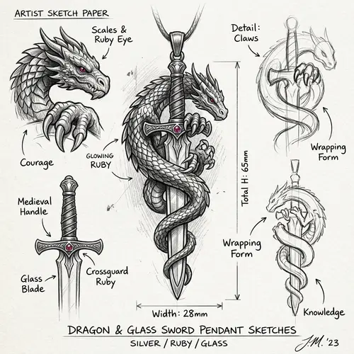 Handcrafted Dragon Pendant with Medieval Sword Design