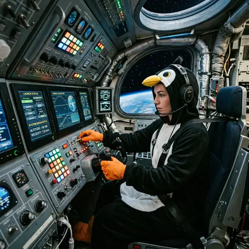 Penguin Costume Woman Powers a Rocket