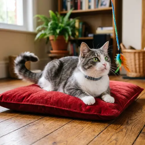 Adorable Cat with White and Grey Fur on Red Cushion