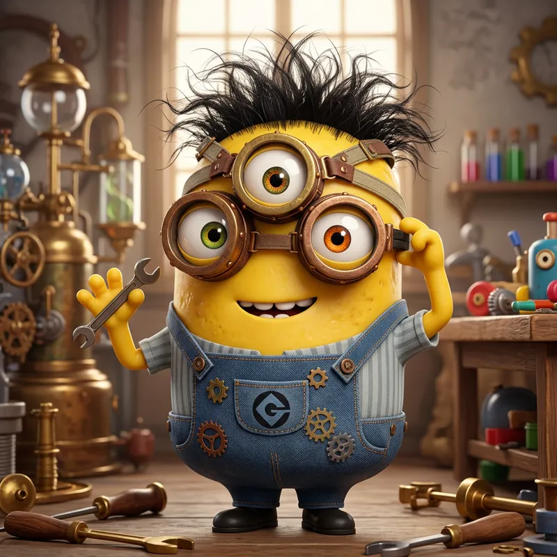Cute Minion Cartoon Character in Denim Overalls & Goggles