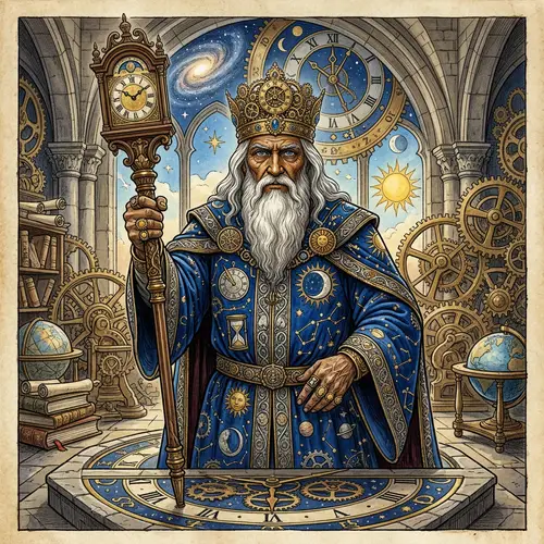 Monarch of Time: Ancient Figure with Golden Clockwork Crown