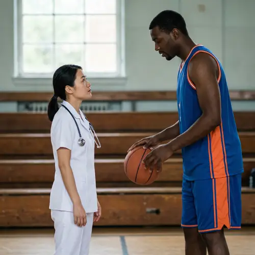 Diverse Encounter: Nurse and Basketball Player's Thoughtful Moment