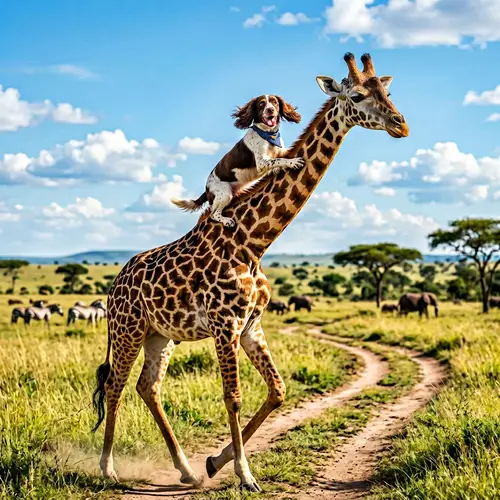 Adorable Dog Riding Giraffe - Unusual Friendship in Sunny Savannah