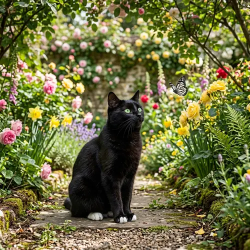 Black Domestic Shorthair Cat in Serene Garden with Flowers