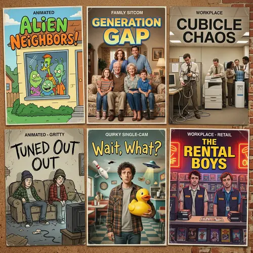 90s Comedy Series Posters Collage: Jovial and Quirky Spirit