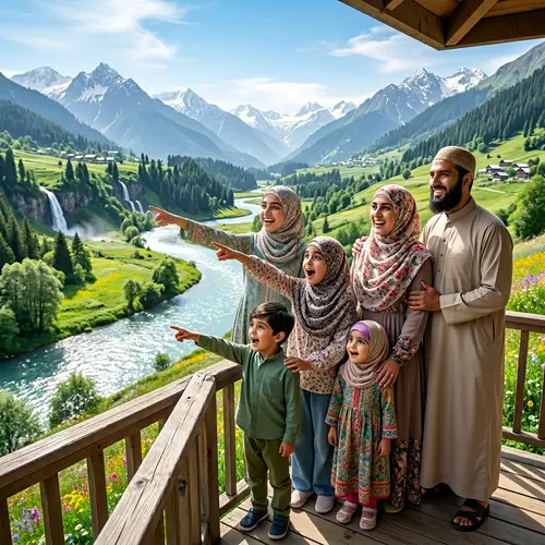 Muslim Family in Awe of Paradise-like Scenic View