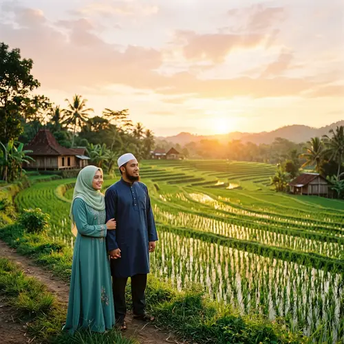 Muslim Husband and Wife in Serene Islamic Garden Scene