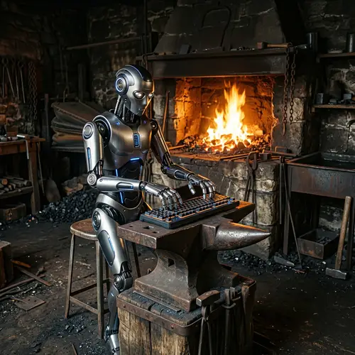 Modern Robot at Traditional Forge: Keyboard Hammering Scene