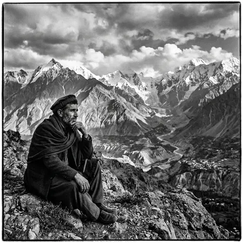Vintage Black and White Mountain Landscape Portrait | Man in Contemplation