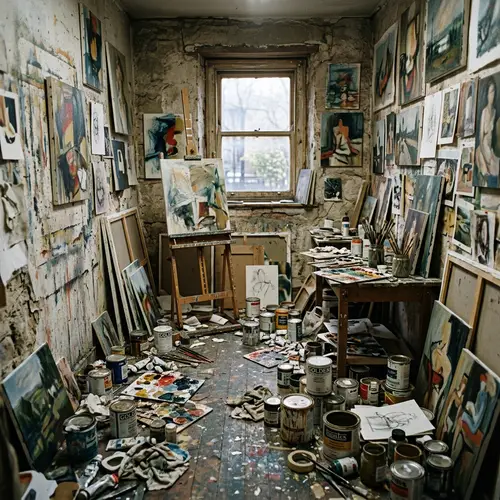 Chaotic Room Filled with Paint Cans and Artwork | Artistic Mess